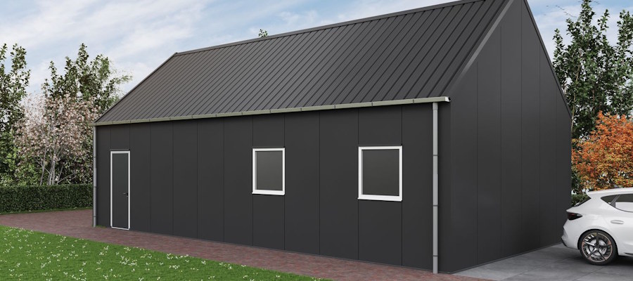 Een prefab schuur wordt opgebouwd met houtskeletbouw